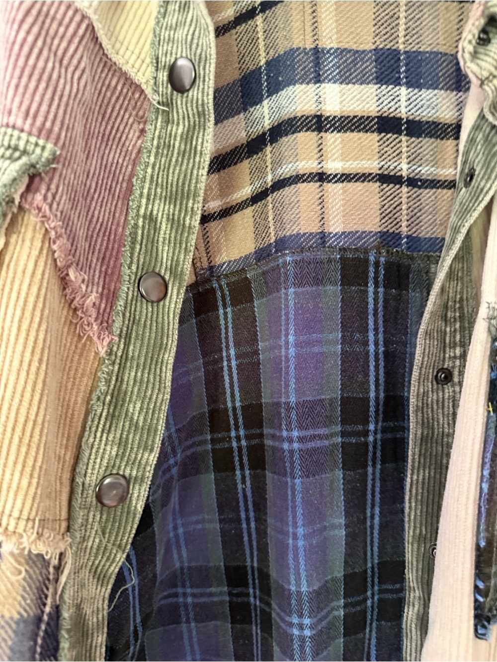Oli & Hali Patchwork Corduroy and Plaid Shacket in Green, Cream, Mauve, Blue - Picture 4 of 4